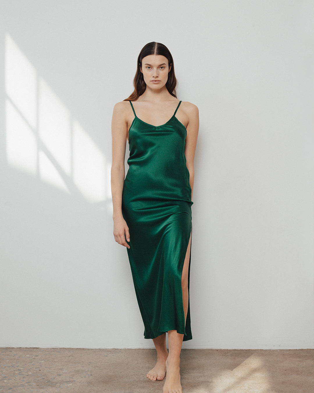 silk dress emerald Emerald green silk satin slip midi dress open back lace-up
